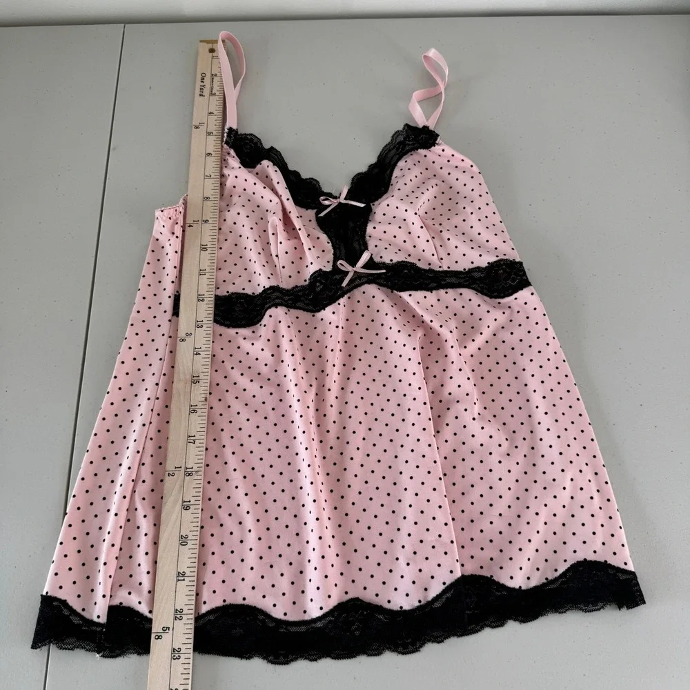 Polka Dot Babydoll Pajama Set Sz L Pink Lace Trim Coquette Balletcore Sleepwear‎